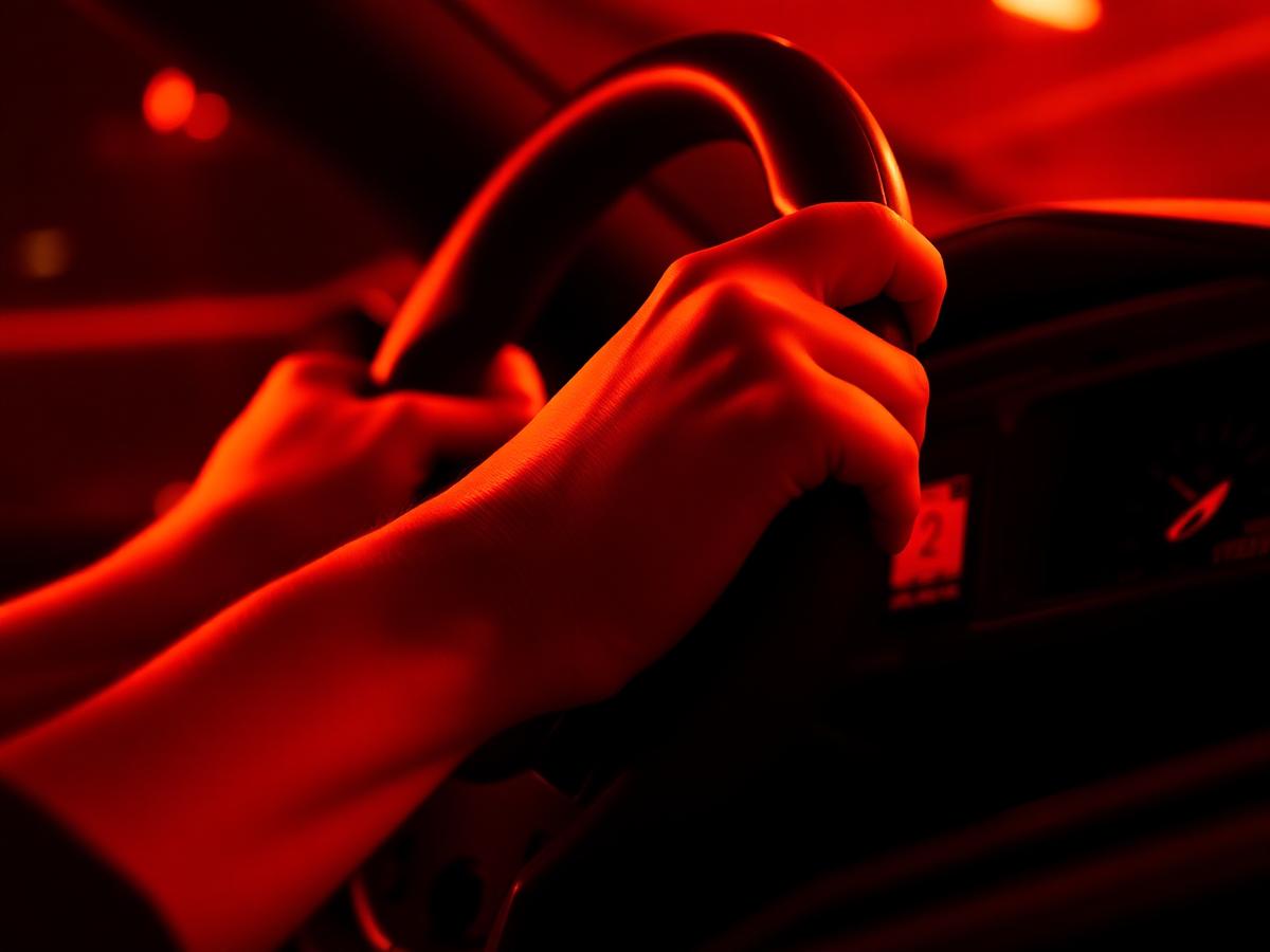 Hands gripping a sim racing steering wheel