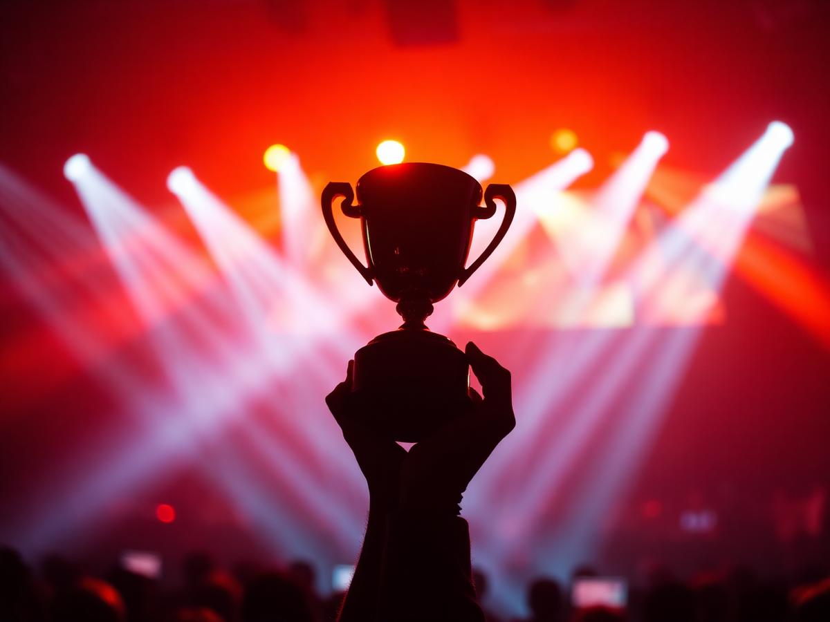 Silhouette raising a trophy under stage lights